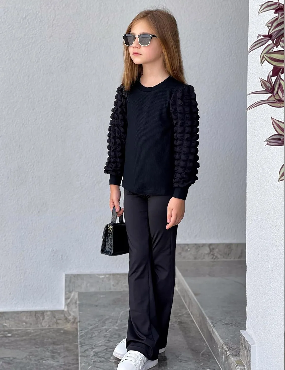 Arshiner Girls Puff Shirts Long Sleeve Ribbed Knit Cute Tops