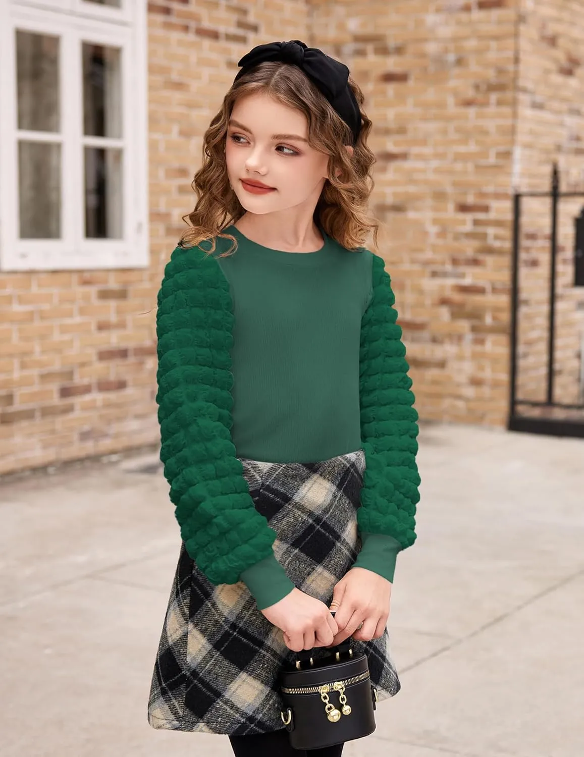 Arshiner Girls Puff Shirts Long Sleeve Ribbed Knit Cute Tops