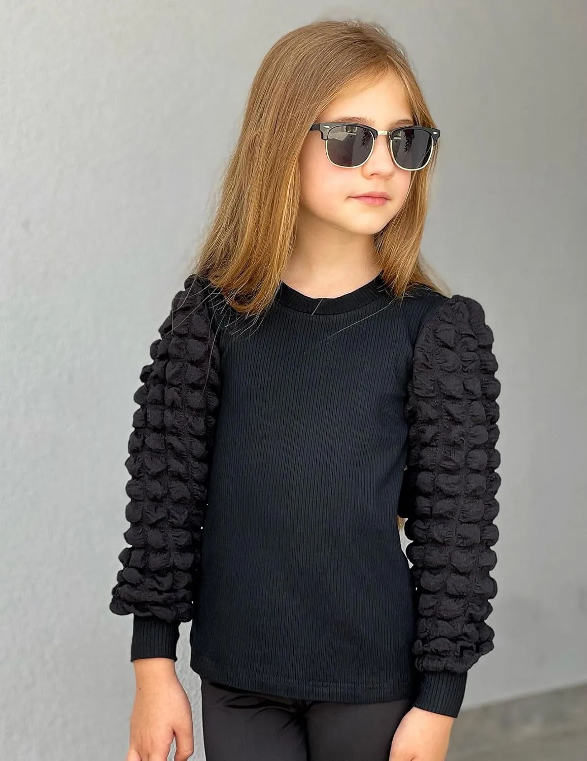 Arshiner Girls Puff Shirts Long Sleeve Ribbed Knit Cute Tops