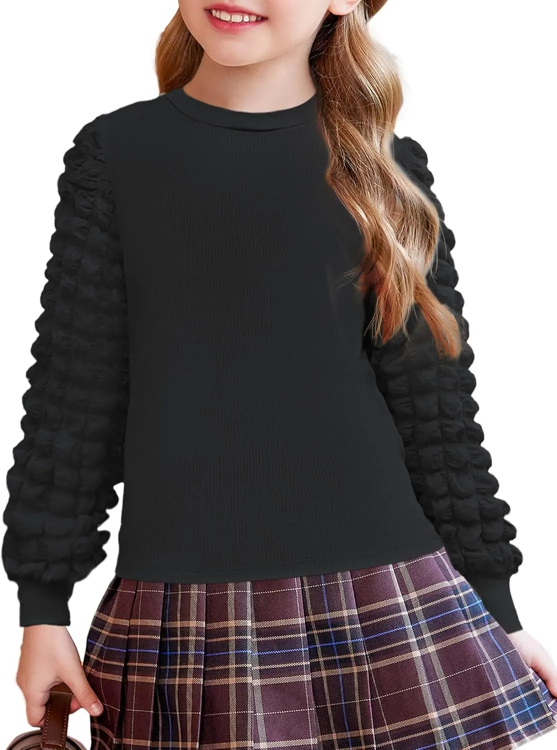 Arshiner Girls Puff Shirts Long Sleeve Ribbed Knit Cute Tops
