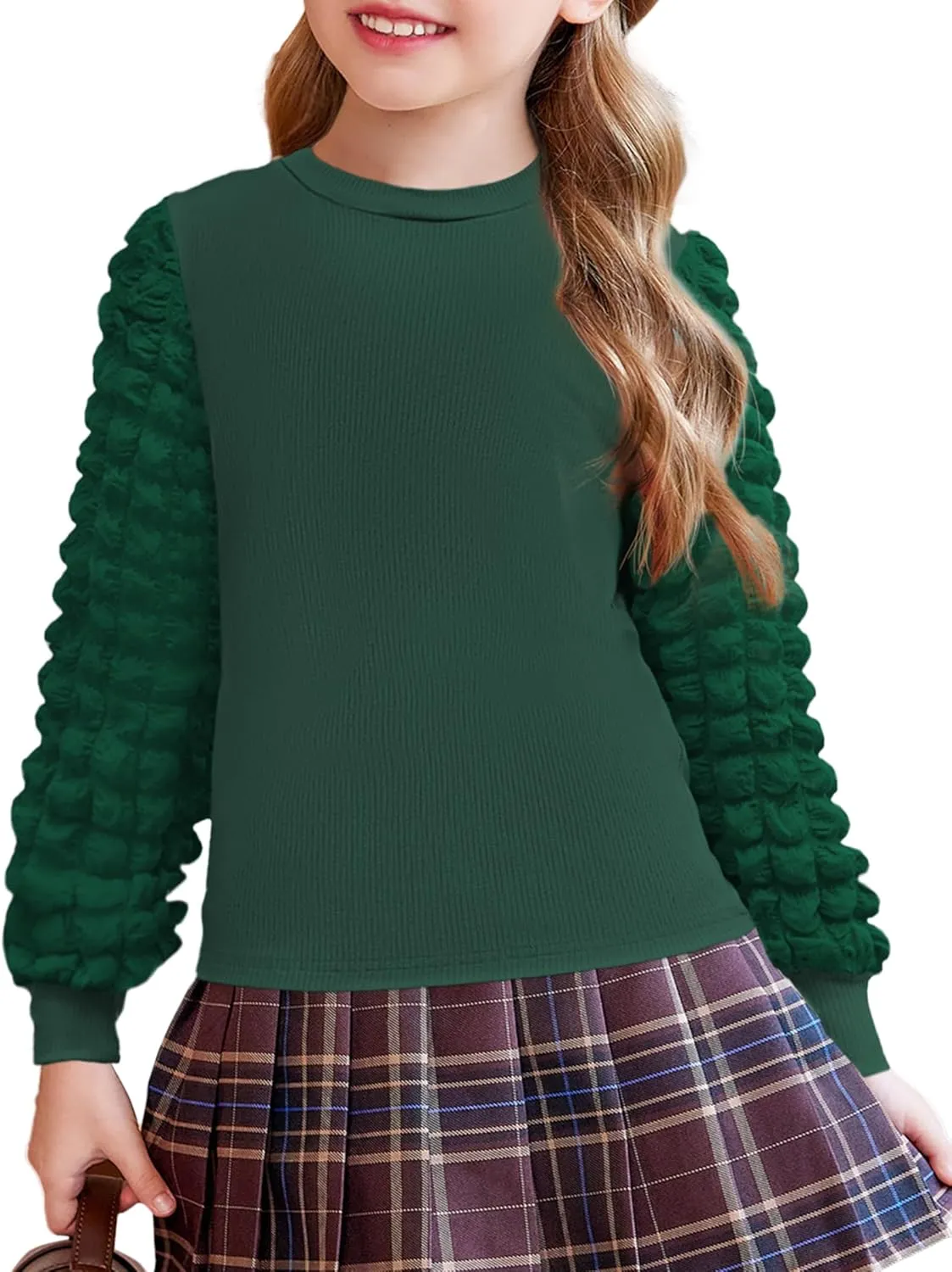 Arshiner Girls Puff Shirts Long Sleeve Ribbed Knit Cute Tops