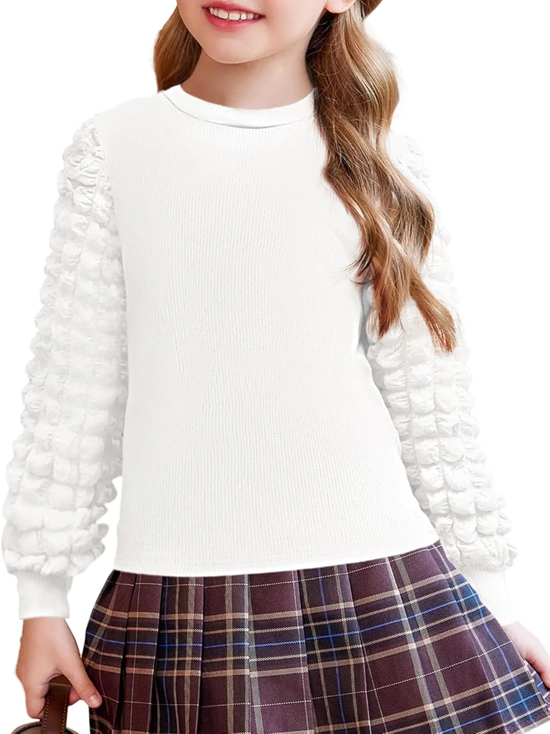 Arshiner Girls Puff Shirts Long Sleeve Ribbed Knit Cute Tops