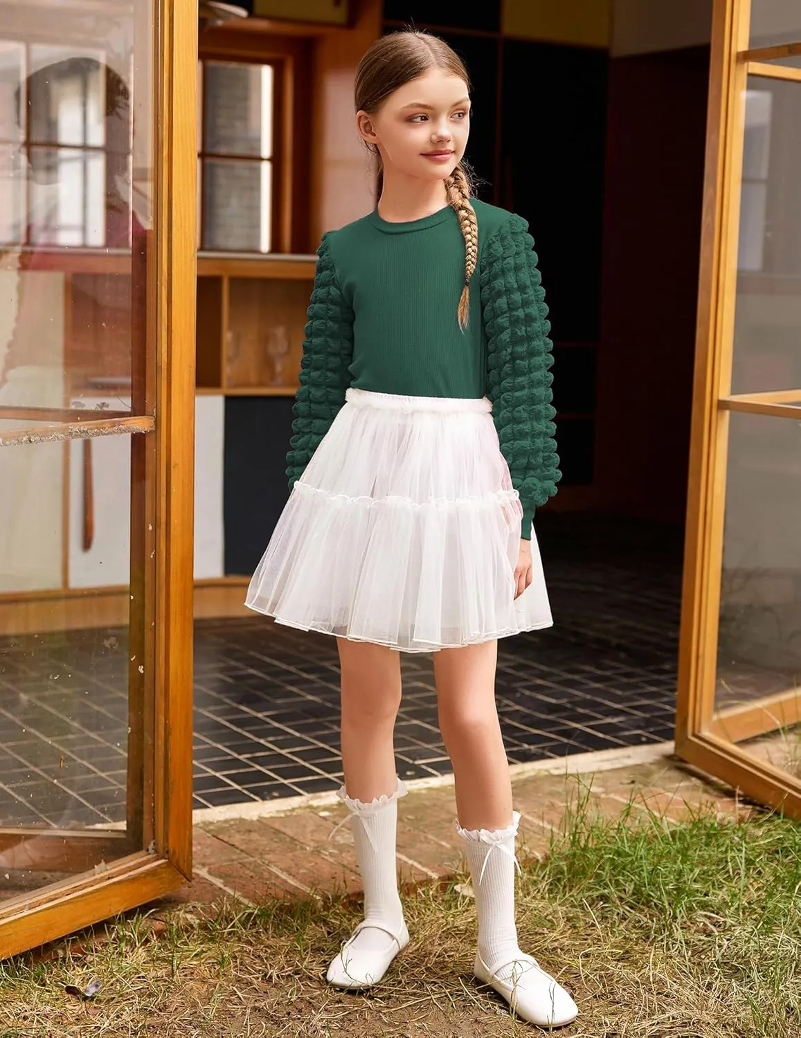 Arshiner Girls Puff Shirts Long Sleeve Ribbed Knit Cute Tops