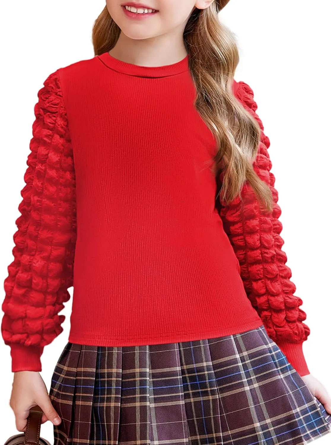 Arshiner Girls Puff Shirts Long Sleeve Ribbed Knit Cute Tops