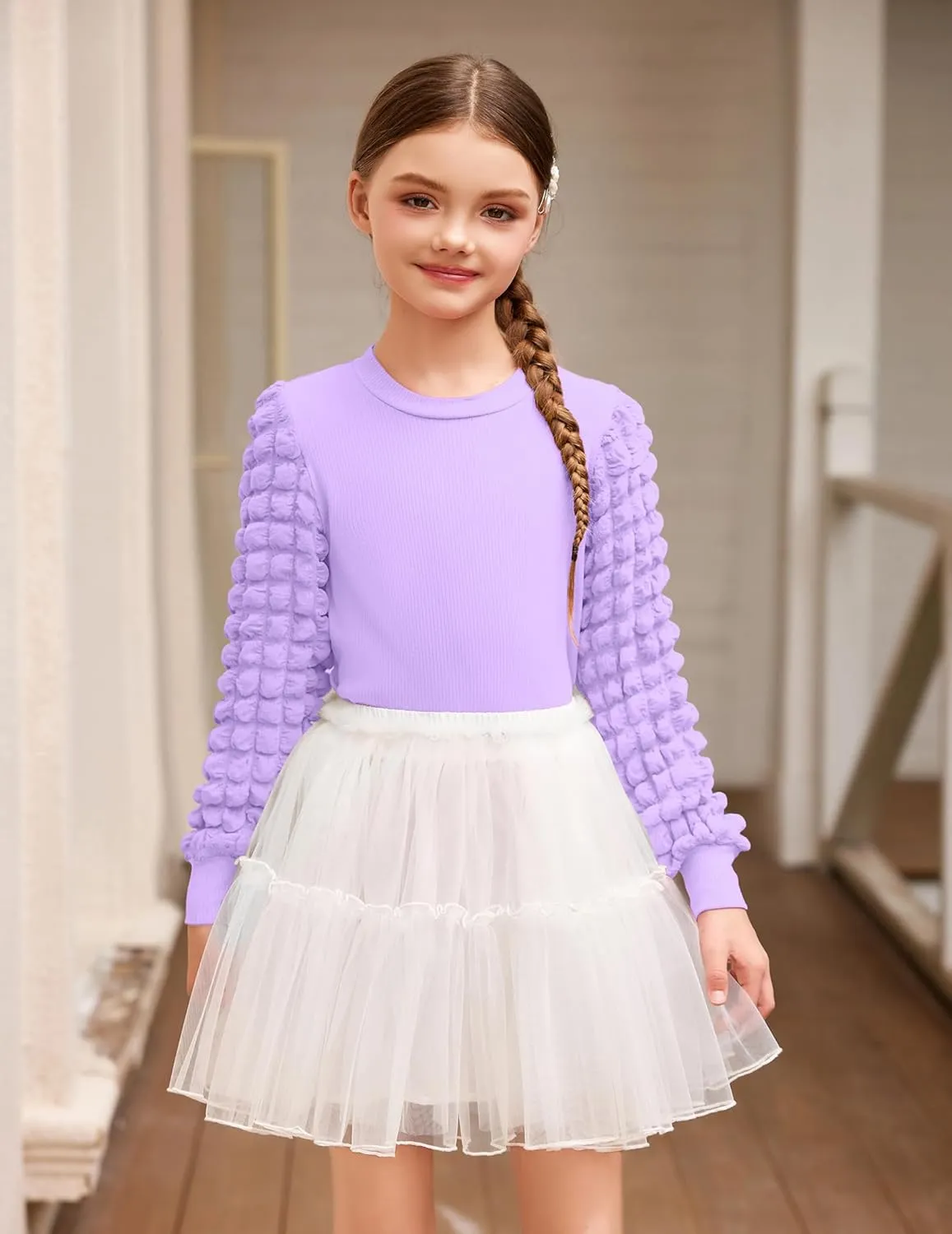 Arshiner Girls Puff Shirts Long Sleeve Ribbed Knit Cute Tops