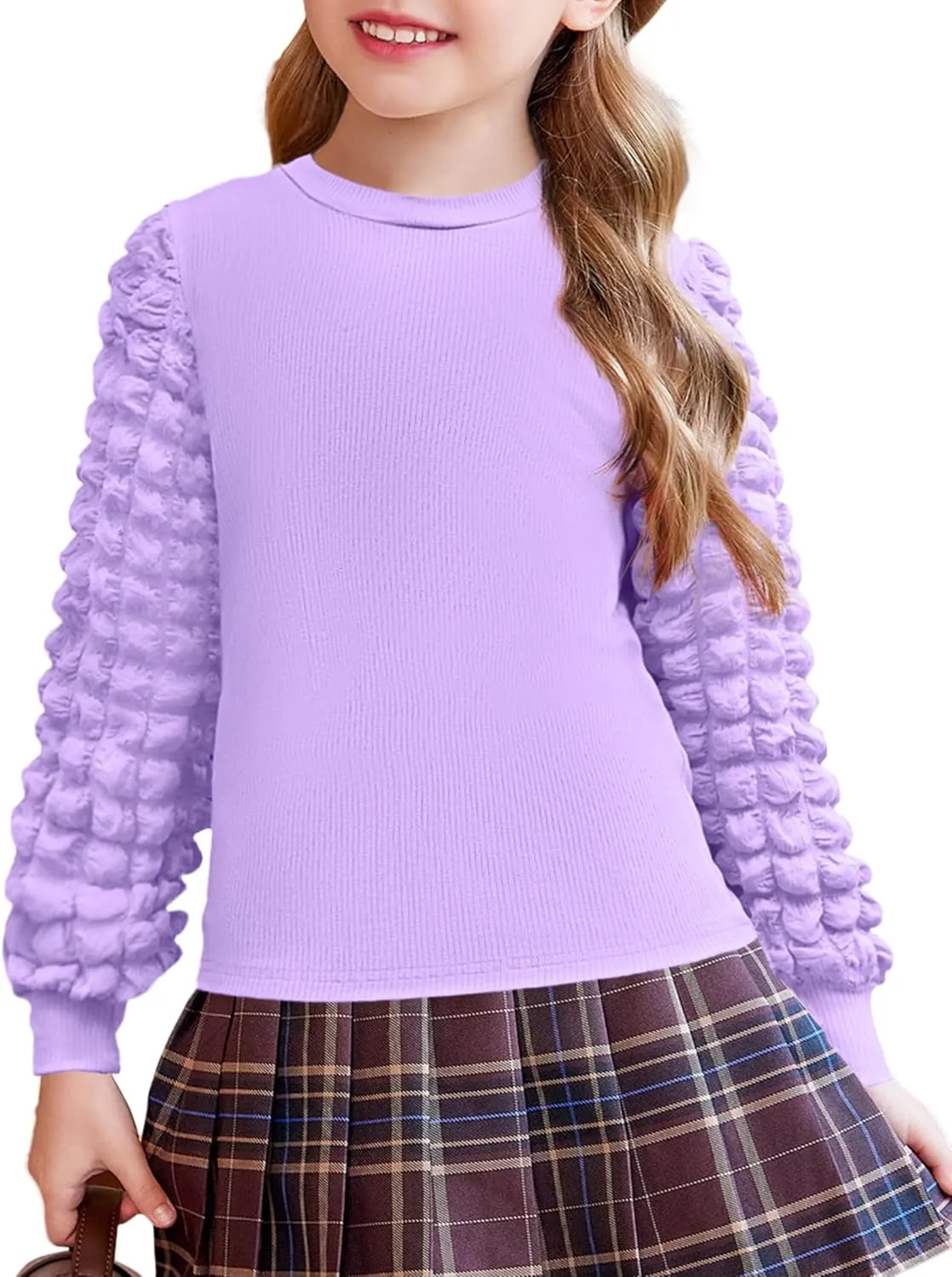 Arshiner Girls Puff Shirts Long Sleeve Ribbed Knit Cute Tops