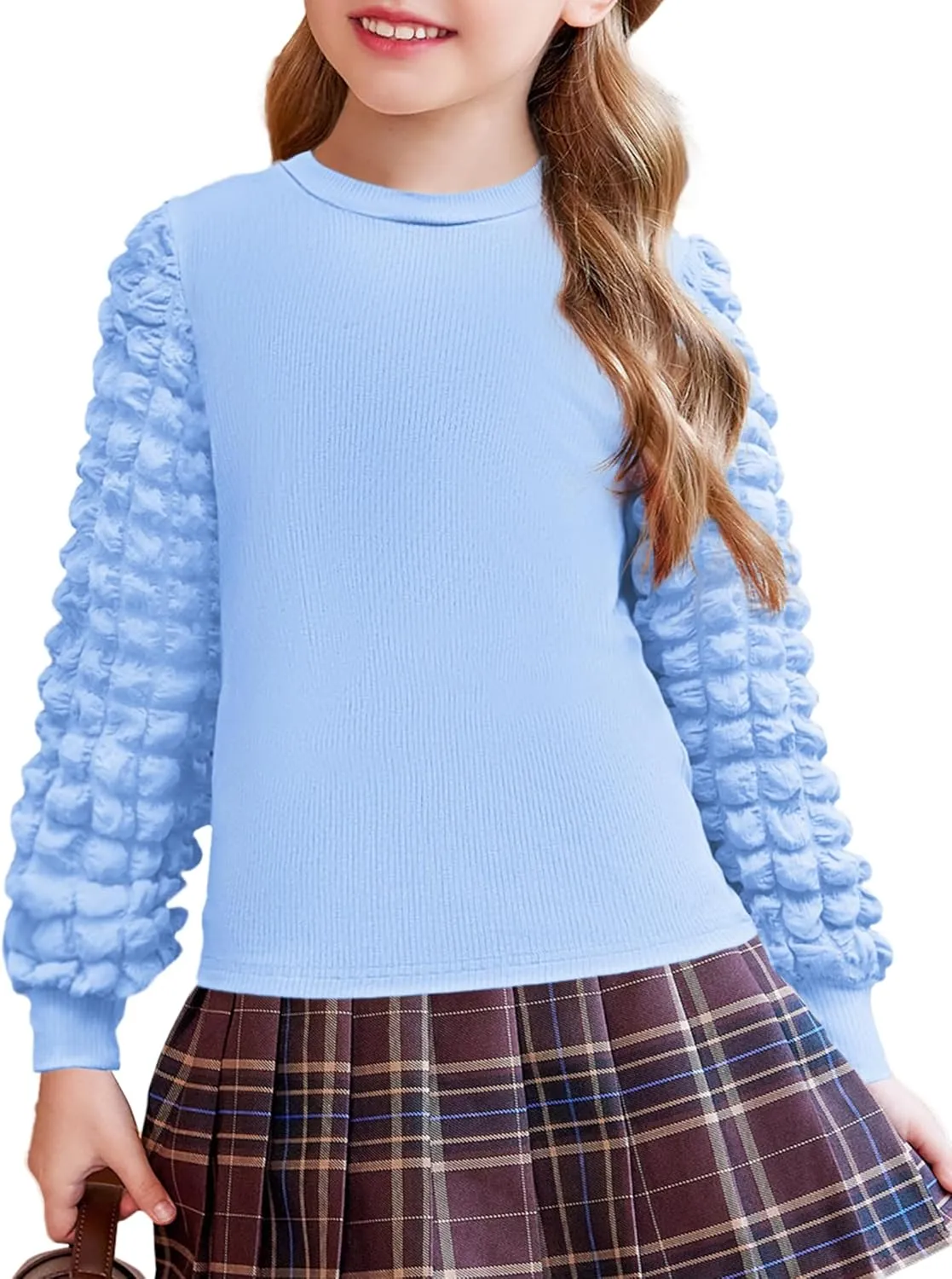 Arshiner Girls Puff Shirts Long Sleeve Ribbed Knit Cute Tops