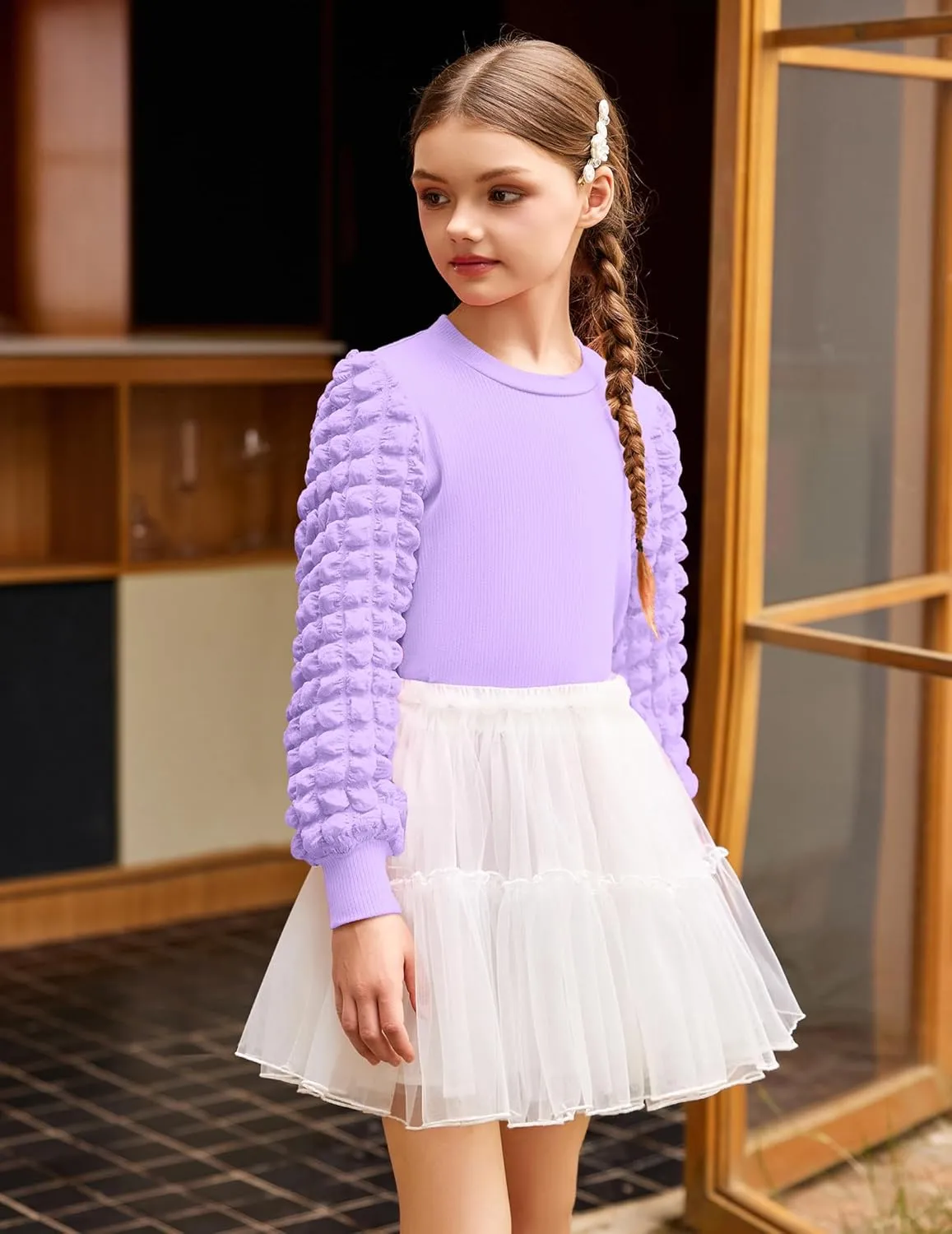 Arshiner Girls Puff Shirts Long Sleeve Ribbed Knit Cute Tops