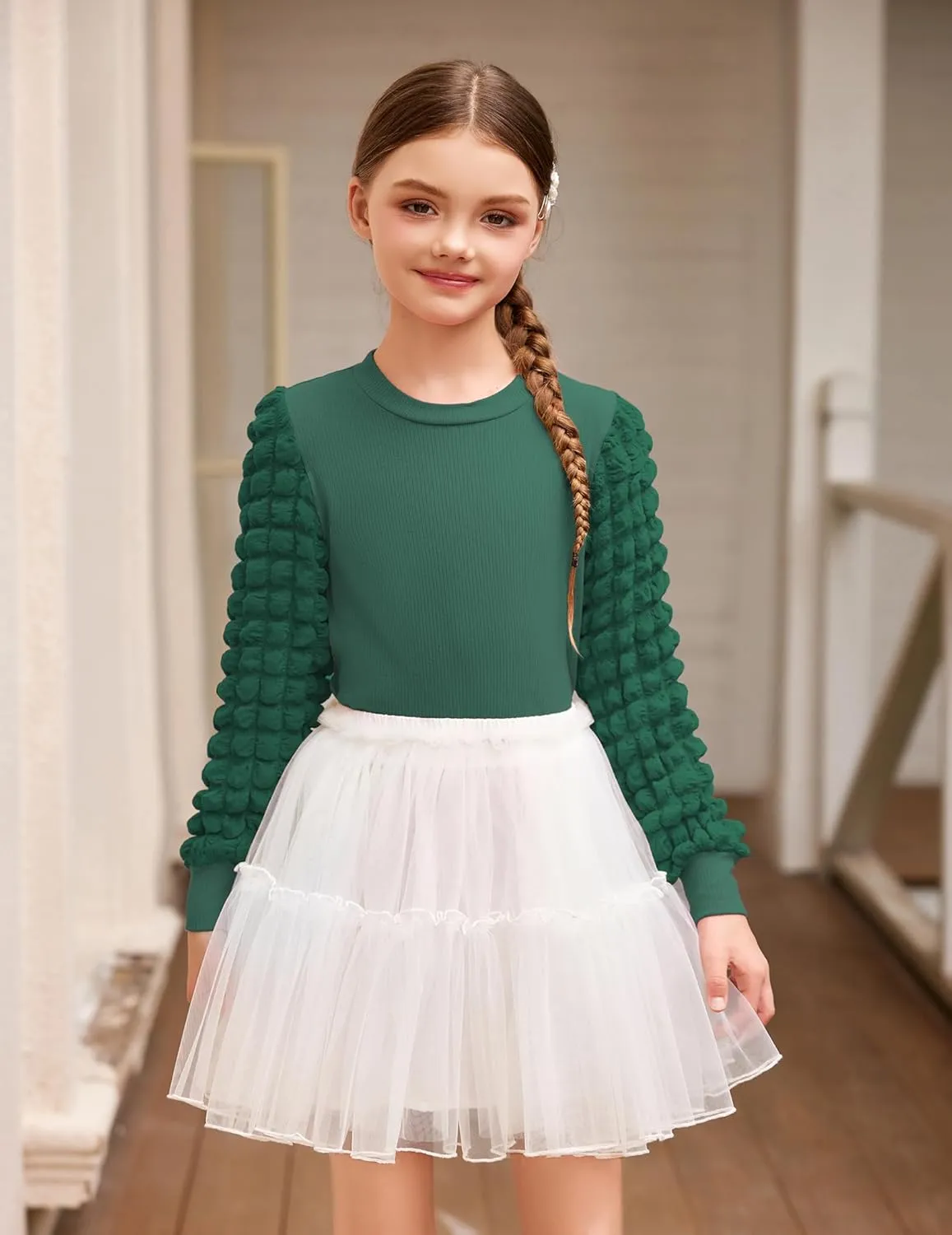 Arshiner Girls Puff Shirts Long Sleeve Ribbed Knit Cute Tops