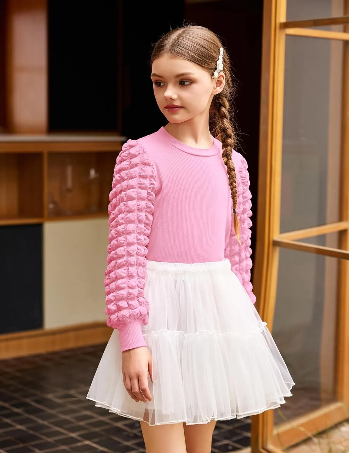 Arshiner Girls Puff Shirts Long Sleeve Ribbed Knit Cute Tops