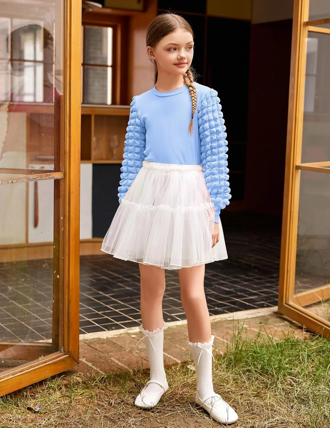 Arshiner Girls Puff Shirts Long Sleeve Ribbed Knit Cute Tops