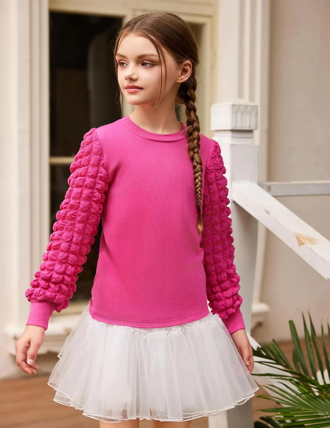 Arshiner Girls Puff Shirts Long Sleeve Ribbed Knit Cute Tops