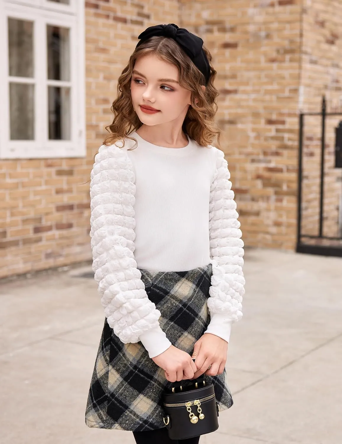 Arshiner Girls Puff Shirts Long Sleeve Ribbed Knit Cute Tops