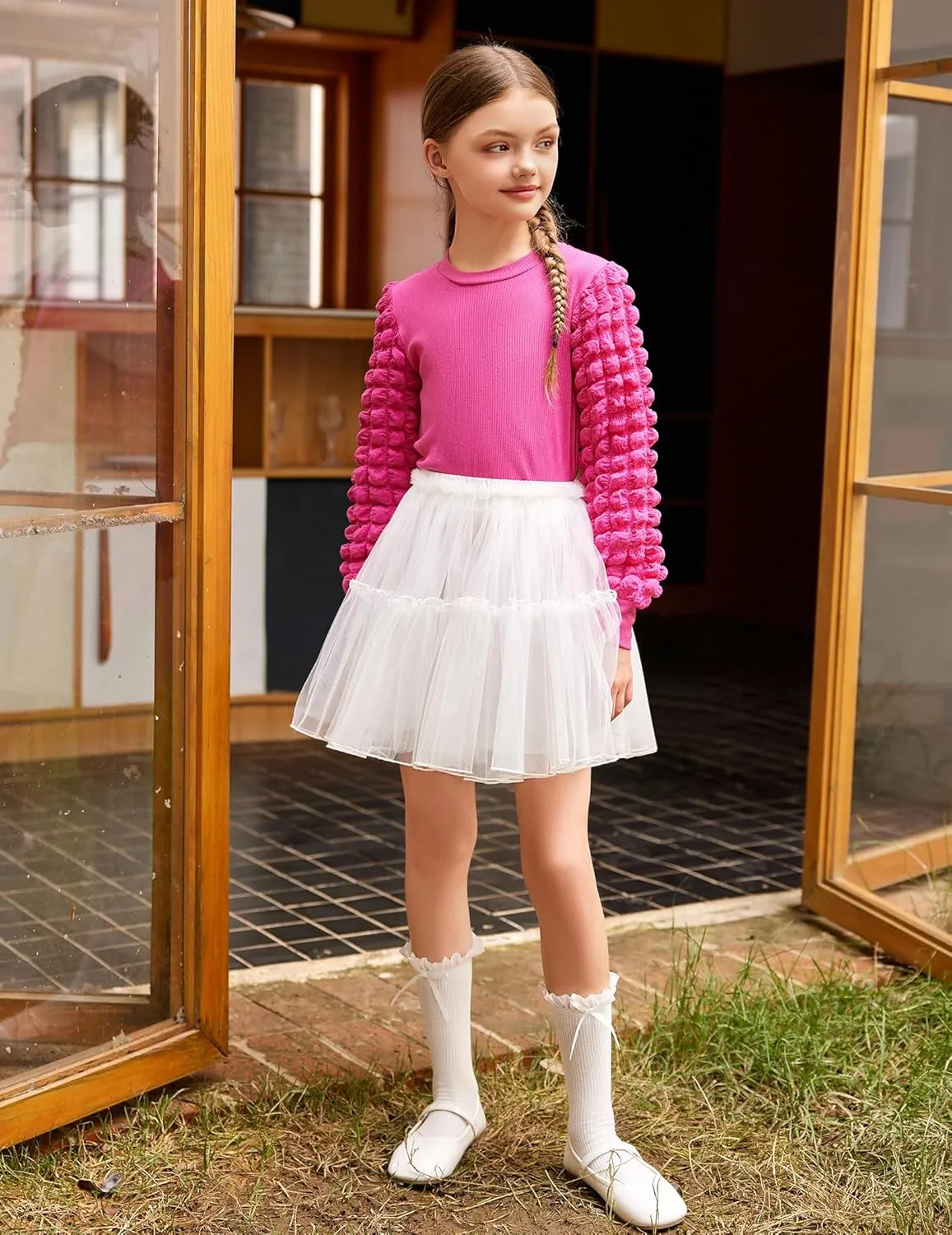 Arshiner Girls Puff Shirts Long Sleeve Ribbed Knit Cute Tops