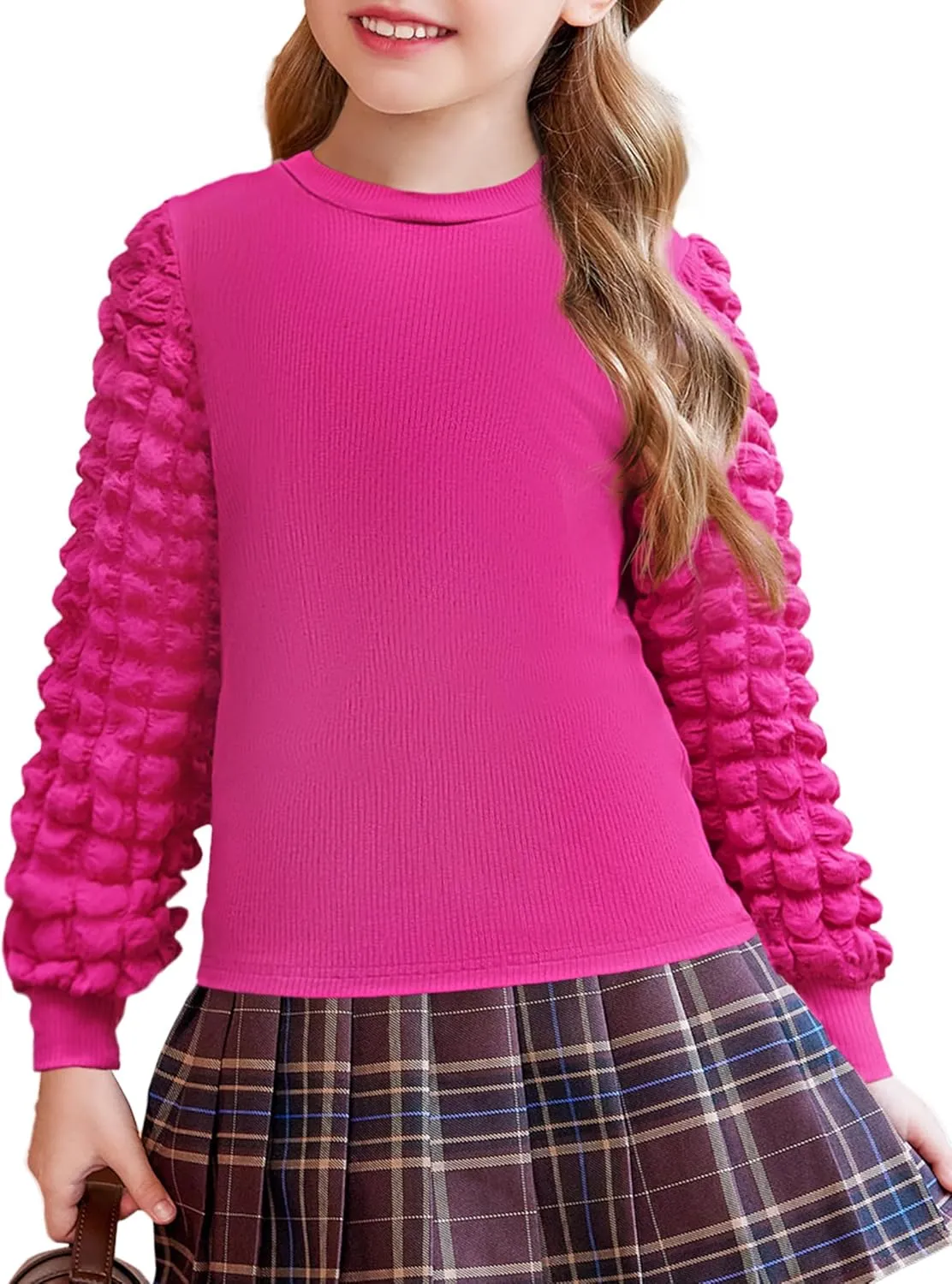 Arshiner Girls Puff Shirts Long Sleeve Ribbed Knit Cute Tops