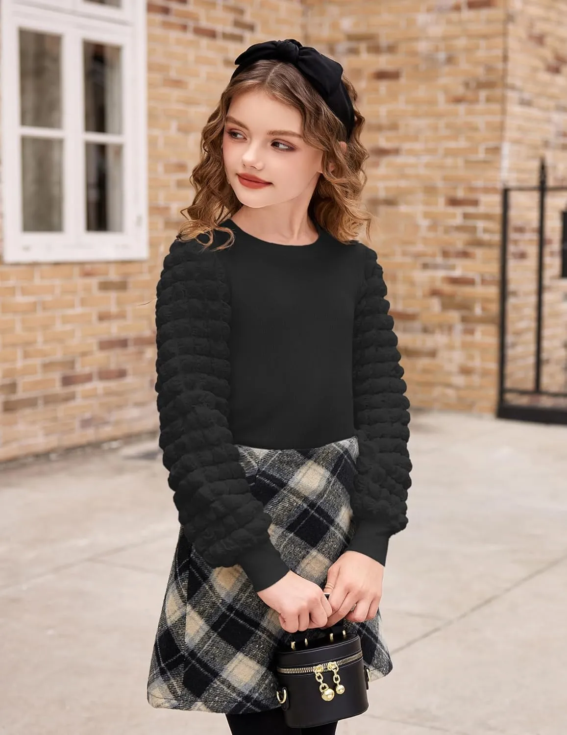 Arshiner Girls Puff Shirts Long Sleeve Ribbed Knit Cute Tops