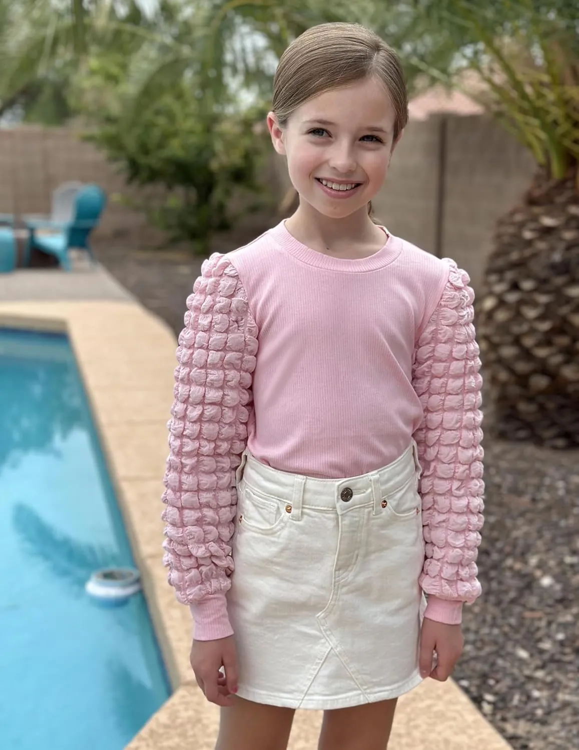 Arshiner Girls Puff Shirts Long Sleeve Ribbed Knit Cute Tops
