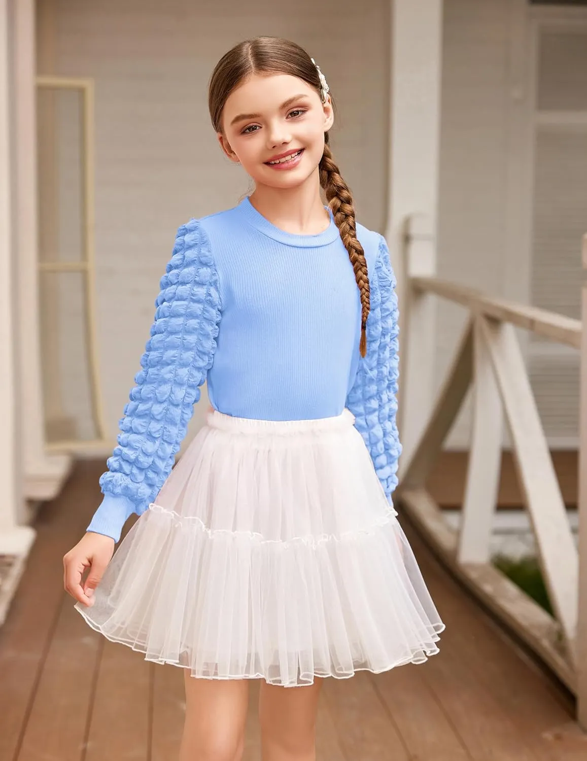 Arshiner Girls Puff Shirts Long Sleeve Ribbed Knit Cute Tops
