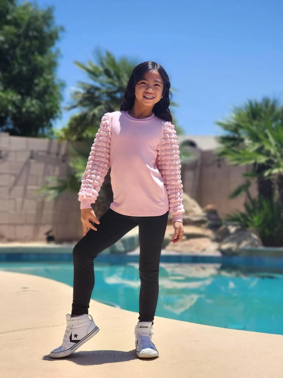 Arshiner Girls Puff Shirts Long Sleeve Ribbed Knit Cute Tops