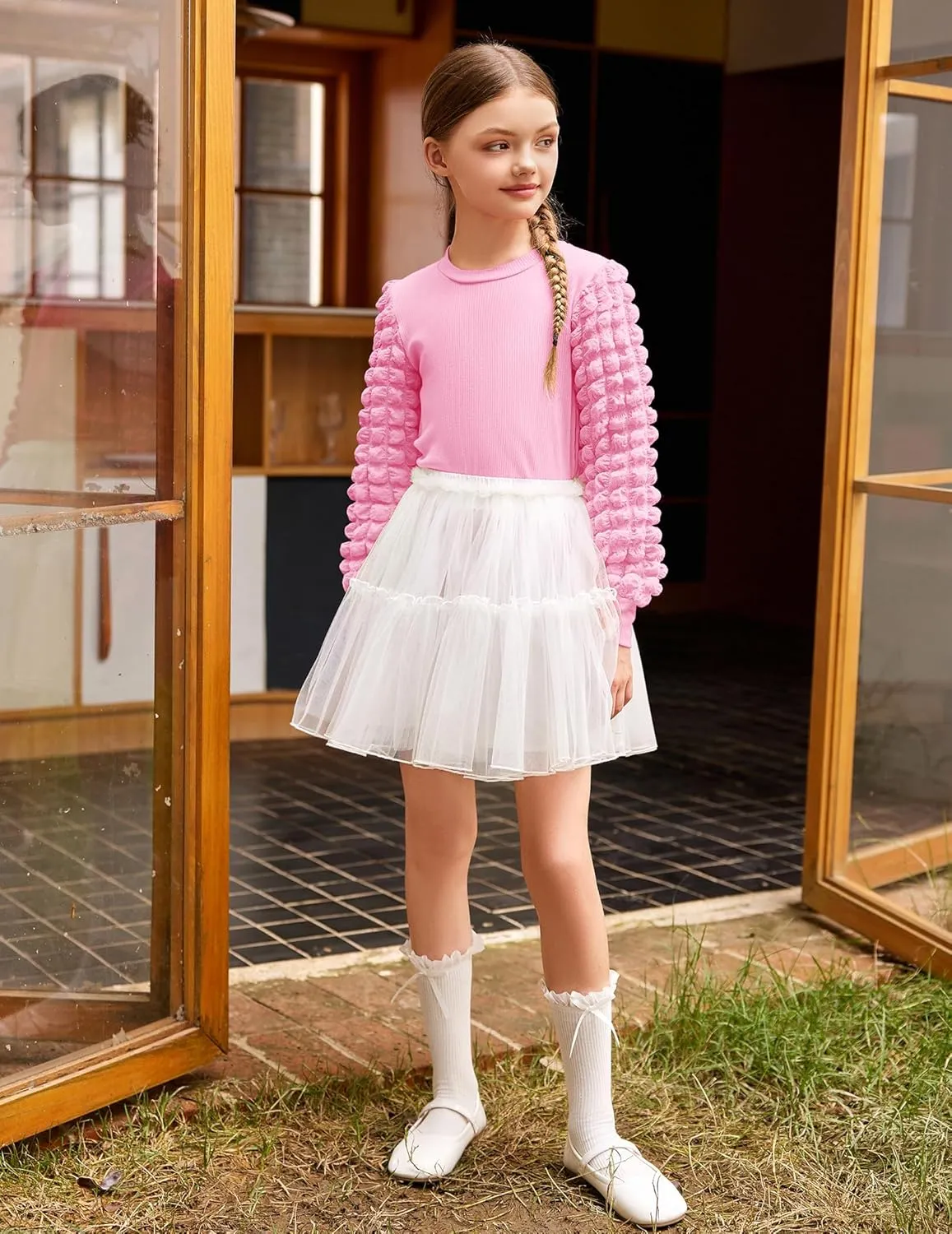 Arshiner Girls Puff Shirts Long Sleeve Ribbed Knit Cute Tops