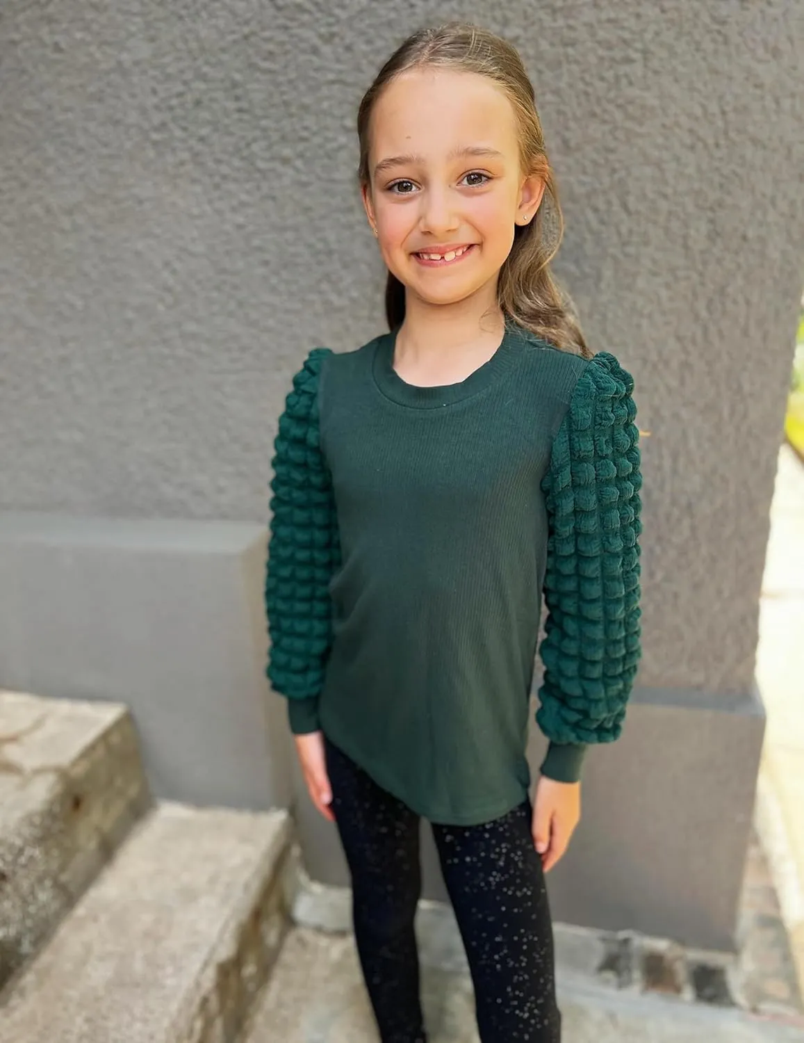 Arshiner Girls Puff Shirts Long Sleeve Ribbed Knit Cute Tops