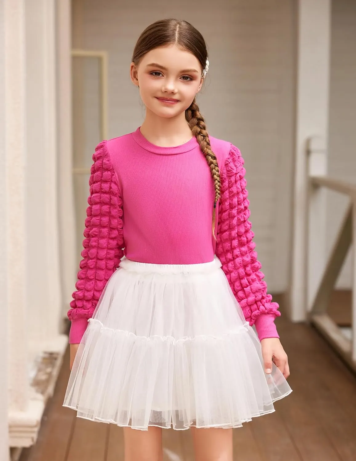 Arshiner Girls Puff Shirts Long Sleeve Ribbed Knit Cute Tops