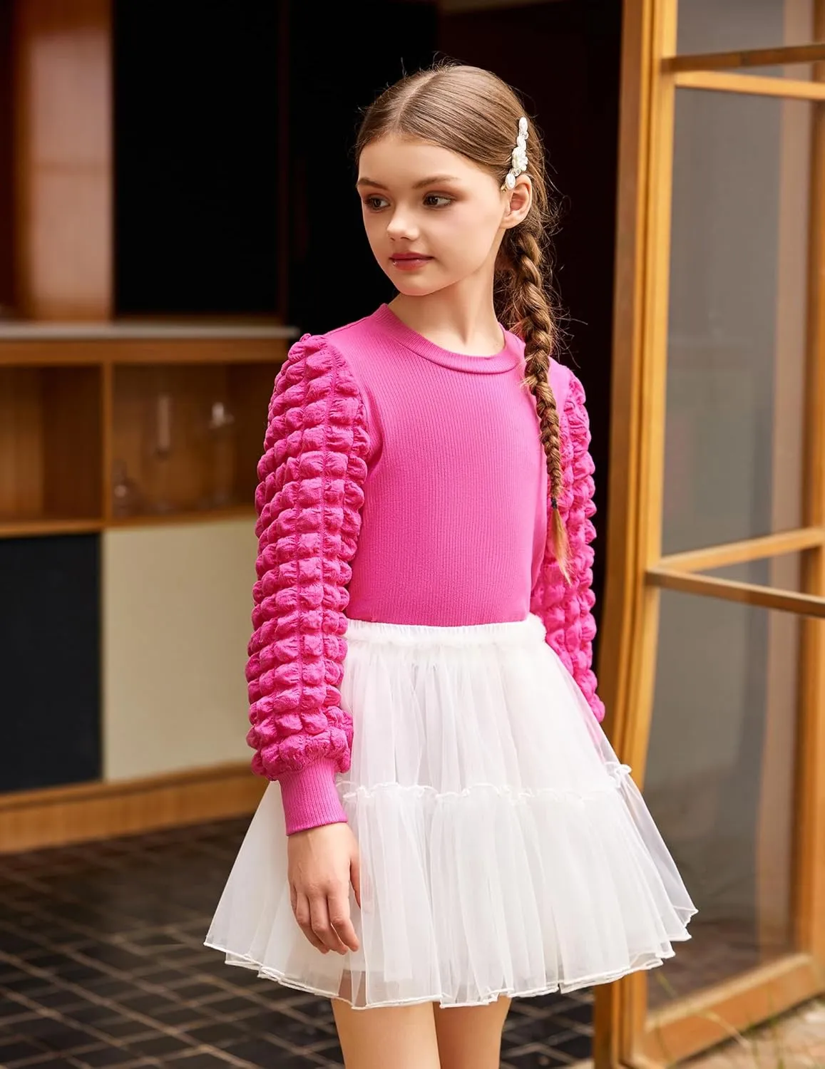 Arshiner Girls Puff Shirts Long Sleeve Ribbed Knit Cute Tops