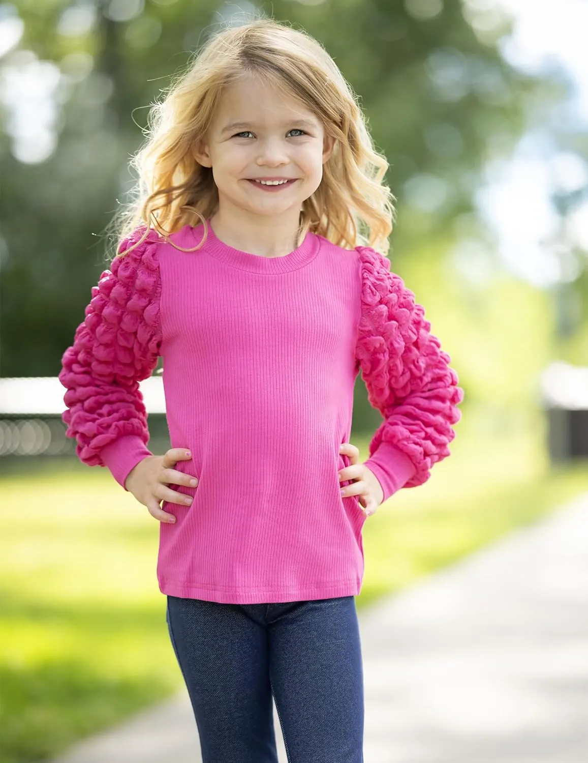 Arshiner Girls Puff Shirts Long Sleeve Ribbed Knit Cute Tops