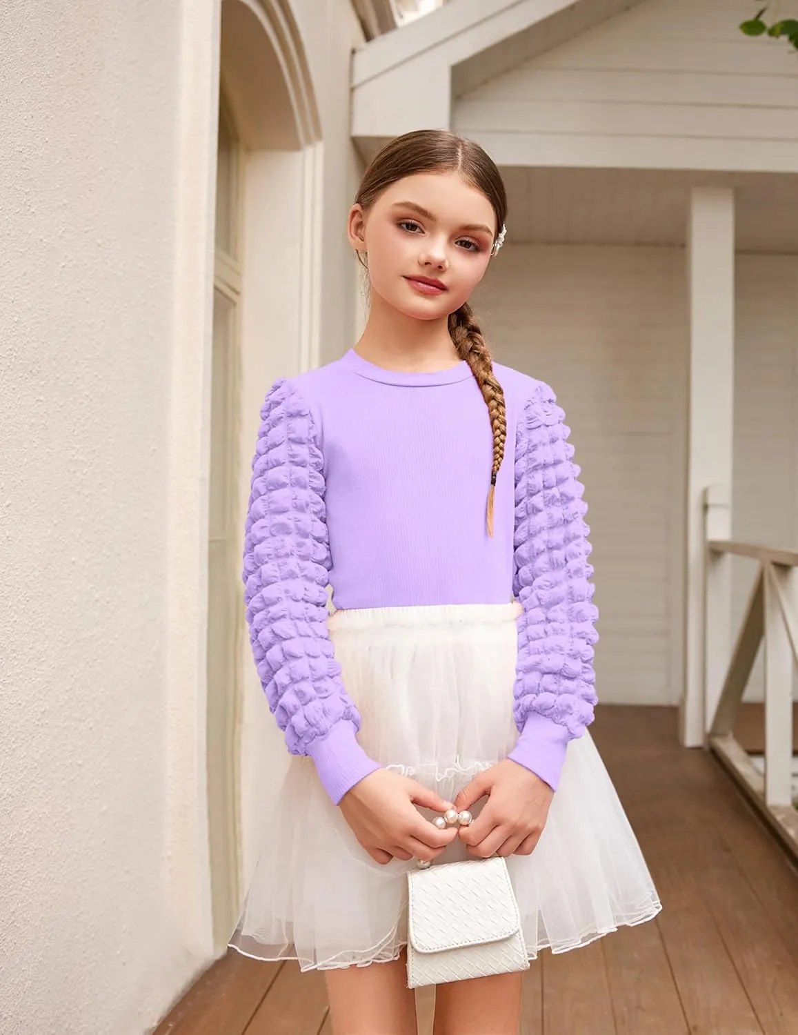 Arshiner Girls Puff Shirts Long Sleeve Ribbed Knit Cute Tops