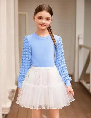 Arshiner Girls Puff Shirts Long Sleeve Ribbed Knit Cute Tops