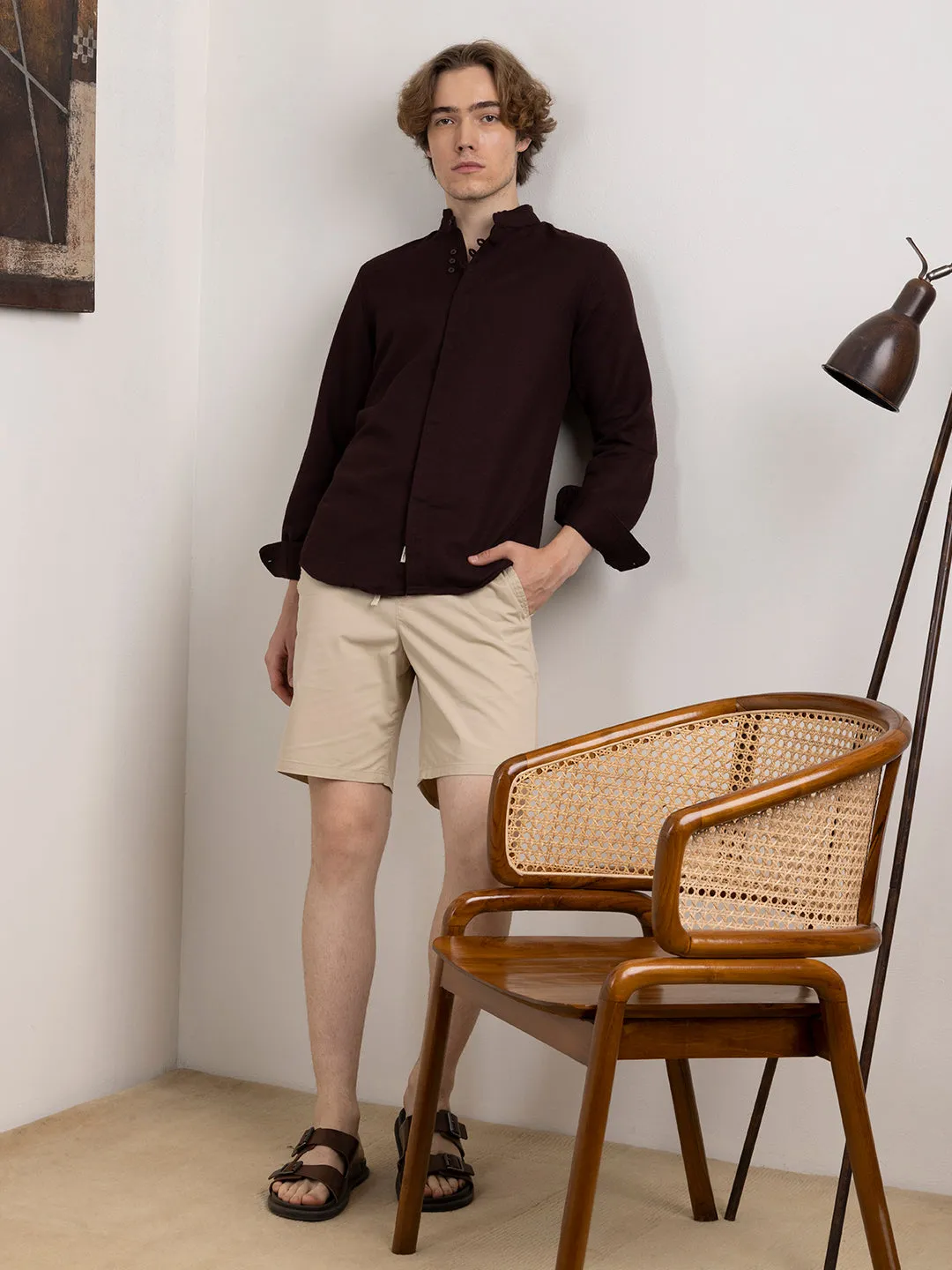Brown Chinese Collar Shirt