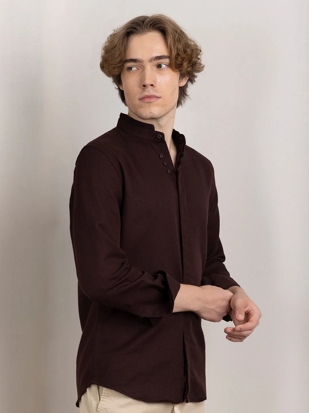 Brown Chinese Collar Shirt