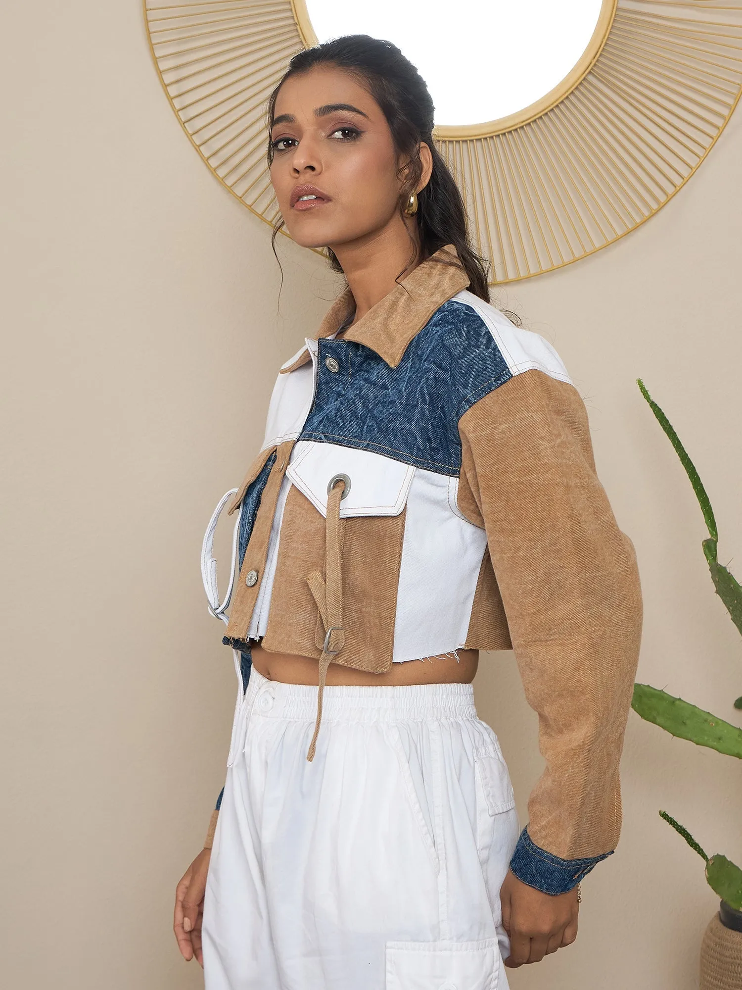 Brown Denim Color Blocking Patchwork Detail Crop Jacket