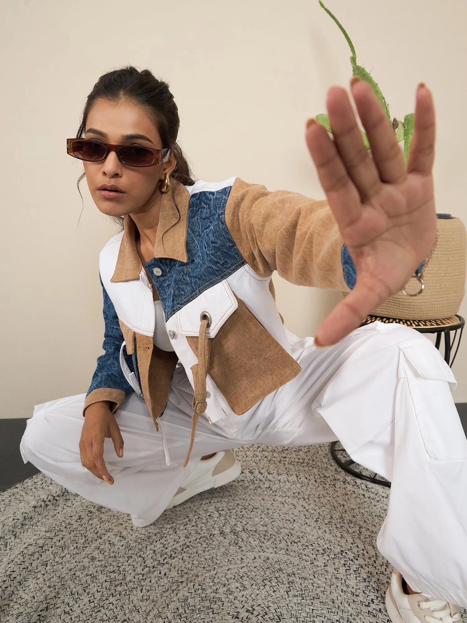 Brown Denim Color Blocking Patchwork Detail Crop Jacket
