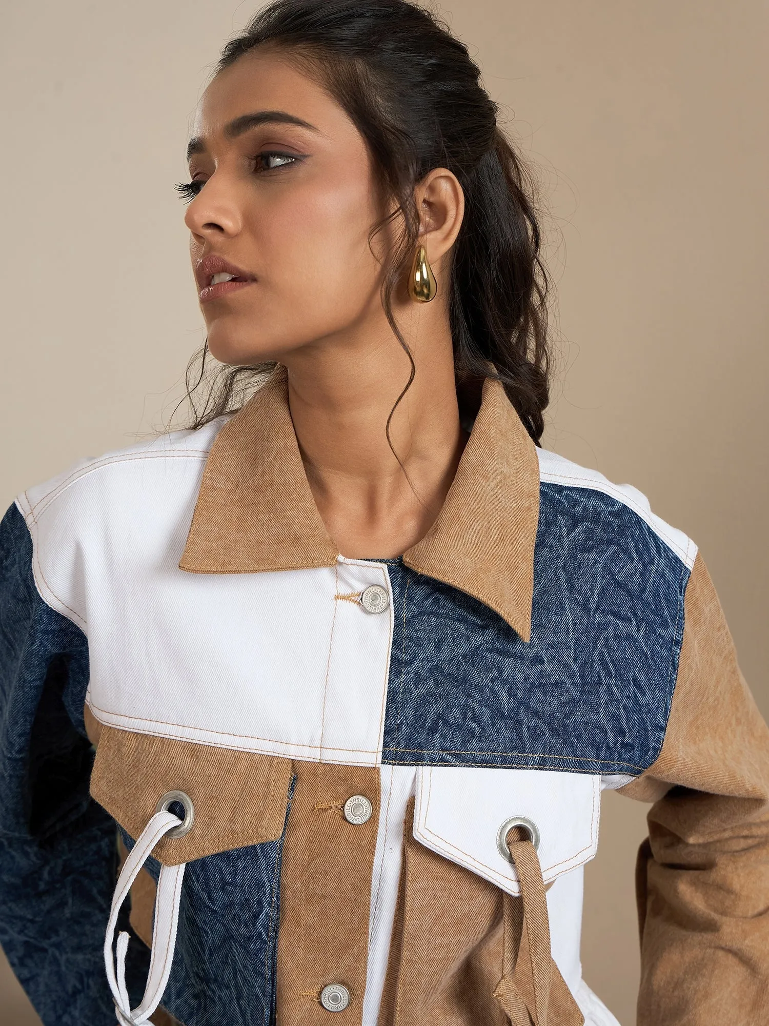 Brown Denim Color Blocking Patchwork Detail Crop Jacket