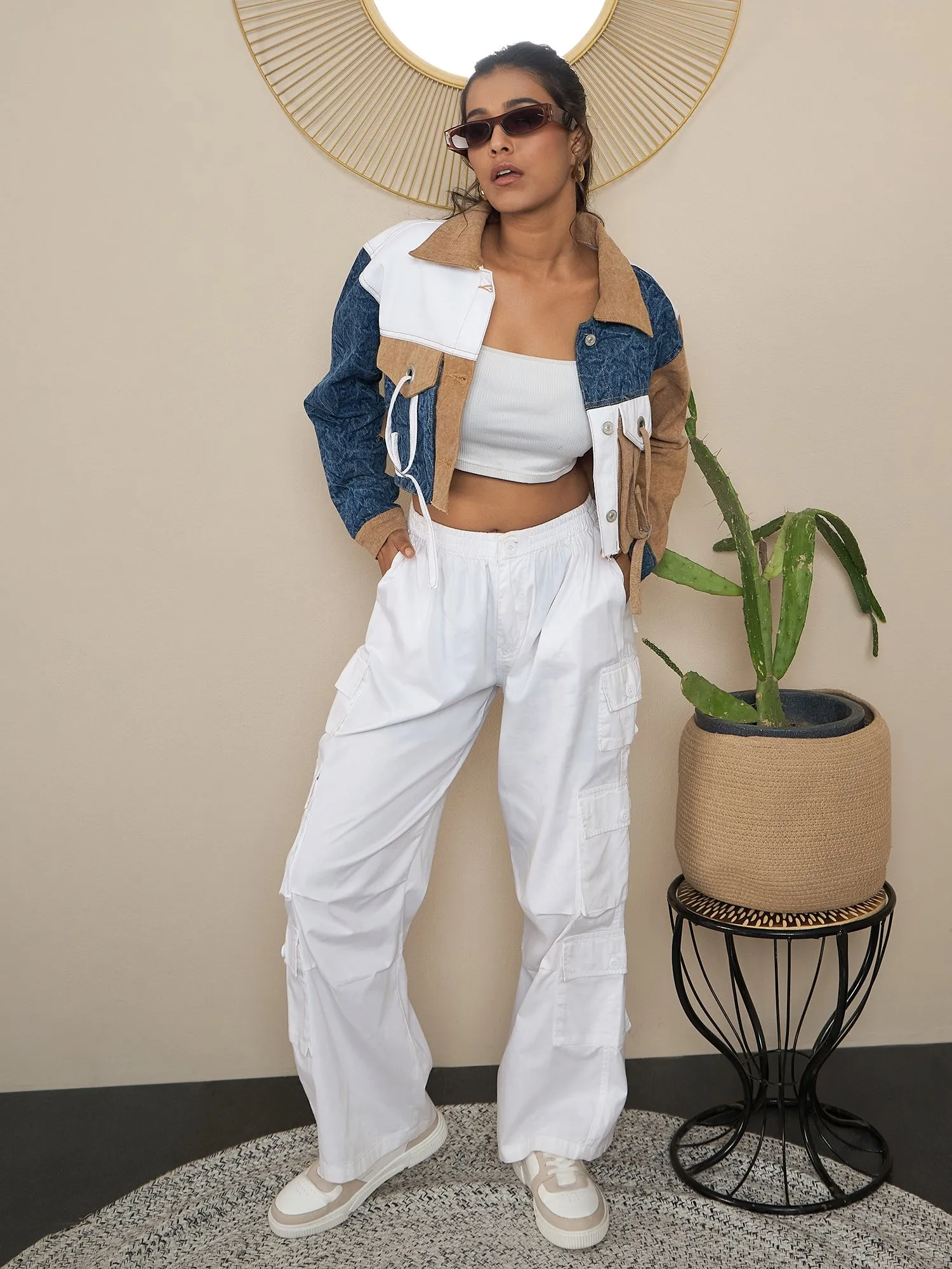 Brown Denim Color Blocking Patchwork Detail Crop Jacket