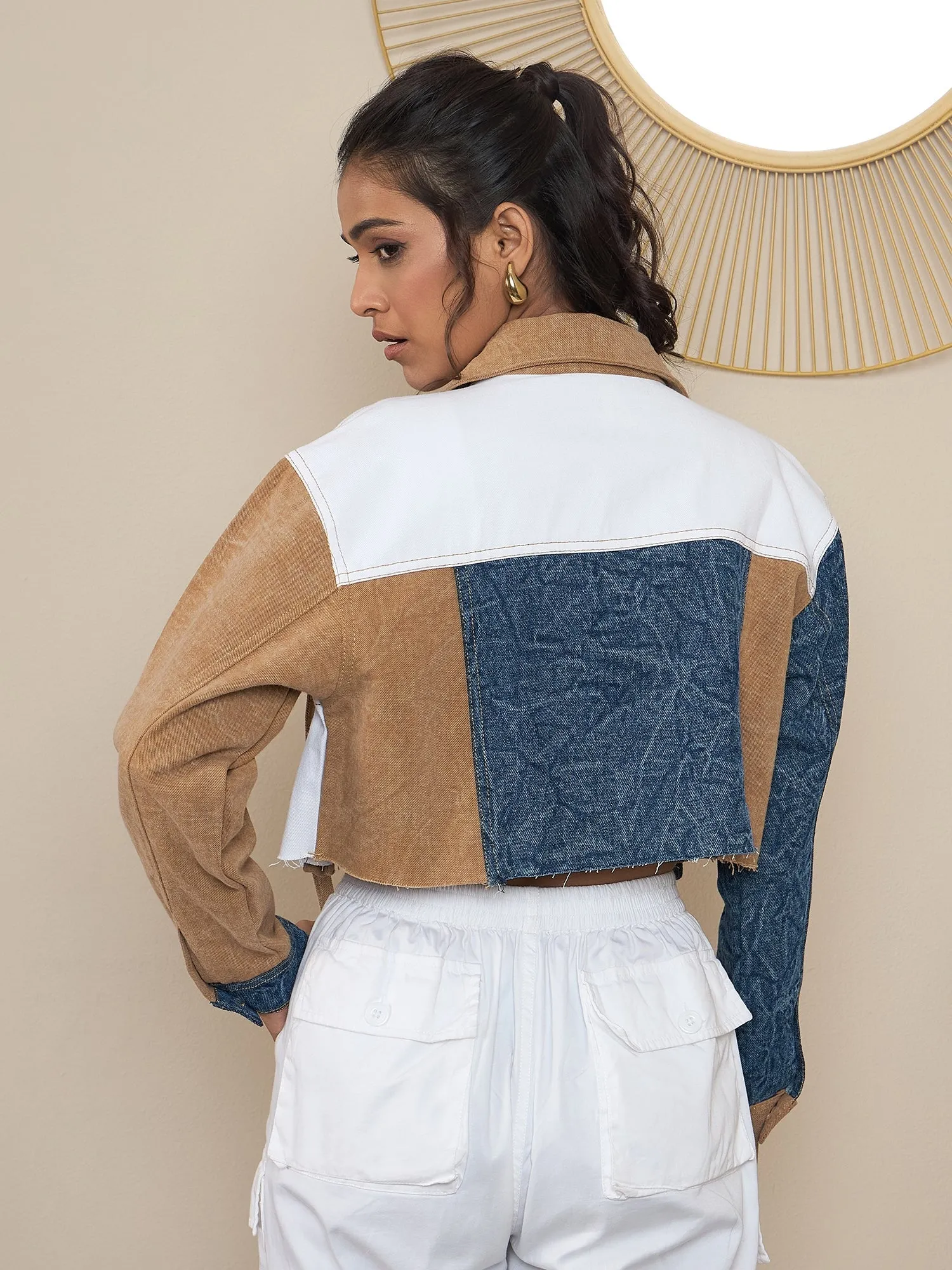 Brown Denim Color Blocking Patchwork Detail Crop Jacket
