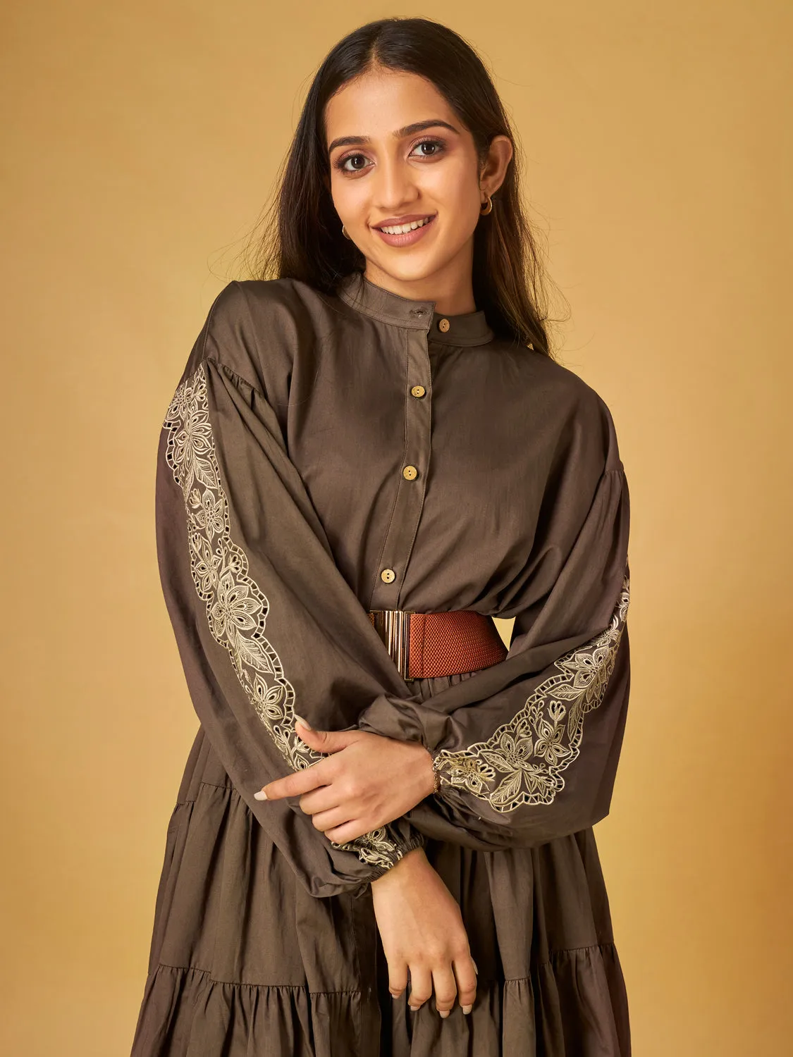 Brown Embroidered Cotton Tiered Cutwork Dress