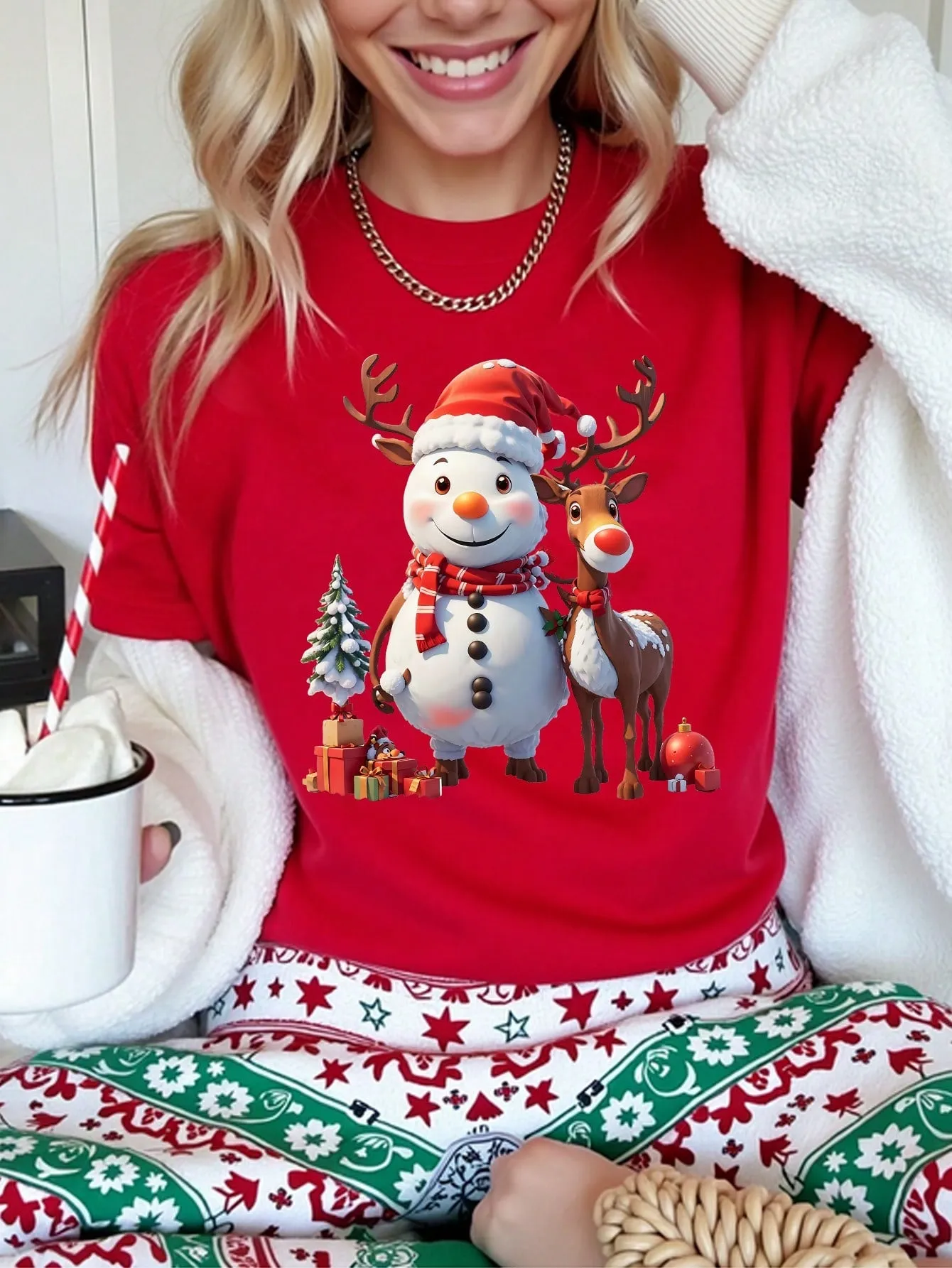 Cartoons on t shirts|Women's Casual Fashionable Cartoon T-Shirt, Suitable For Christmas Party