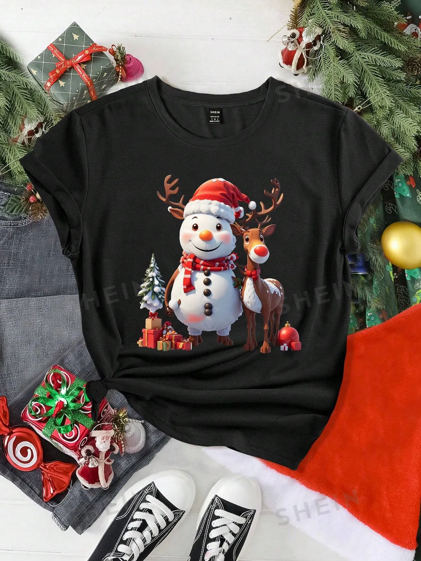 Cartoons on t shirts|Women's Casual Fashionable Cartoon T-Shirt, Suitable For Christmas Party