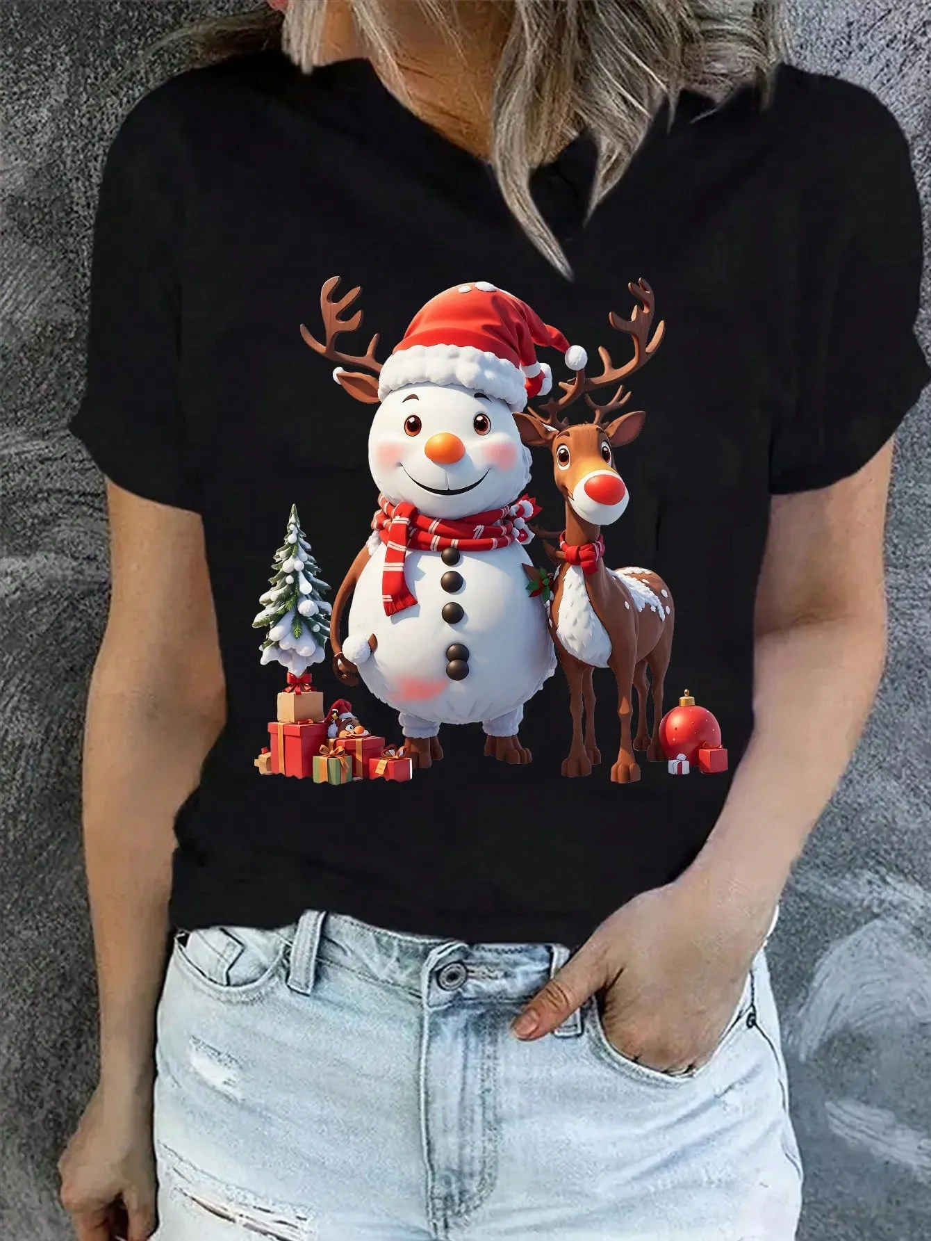 Cartoons on t shirts|Women's Casual Fashionable Cartoon T-Shirt, Suitable For Christmas Party