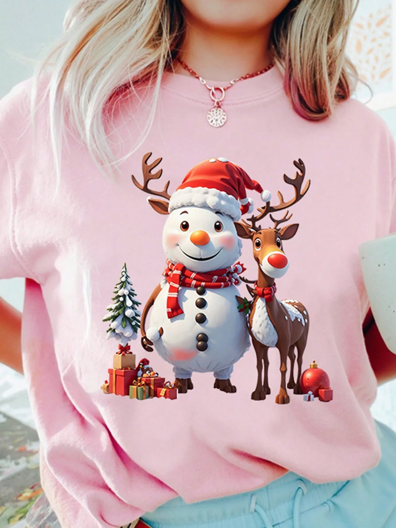 Cartoons on t shirts|Women's Casual Fashionable Cartoon T-Shirt, Suitable For Christmas Party