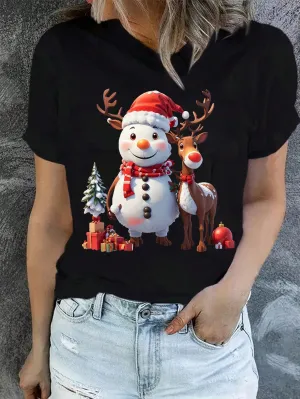 Cartoons on t shirts|Women's Casual Fashionable Cartoon T-Shirt, Suitable For Christmas Party
