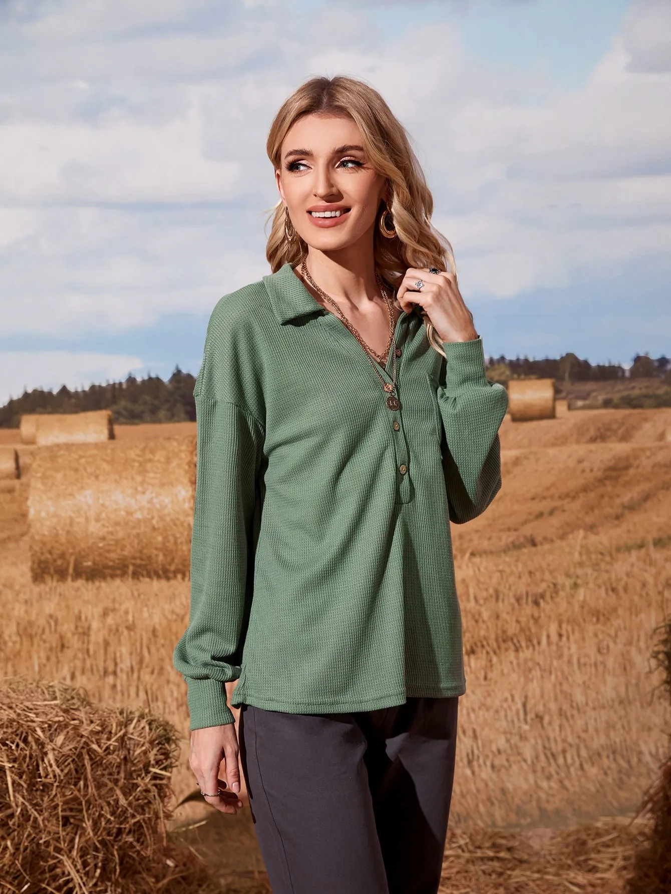Casual Plain Pocket Long Sleeve Polo Regular Women T-Shirt
