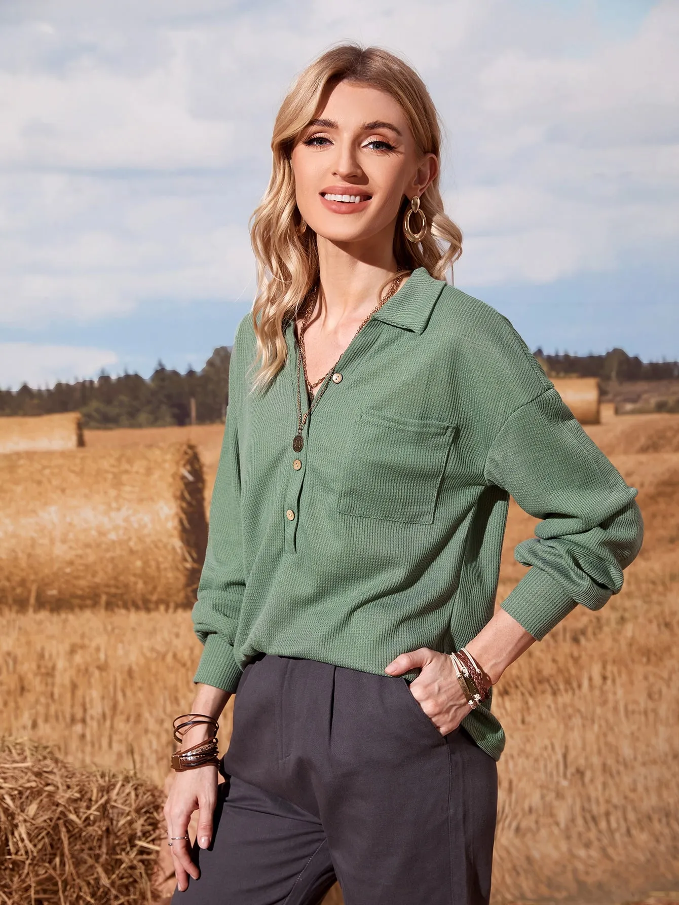 Casual Plain Pocket Long Sleeve Polo Regular Women T-Shirt