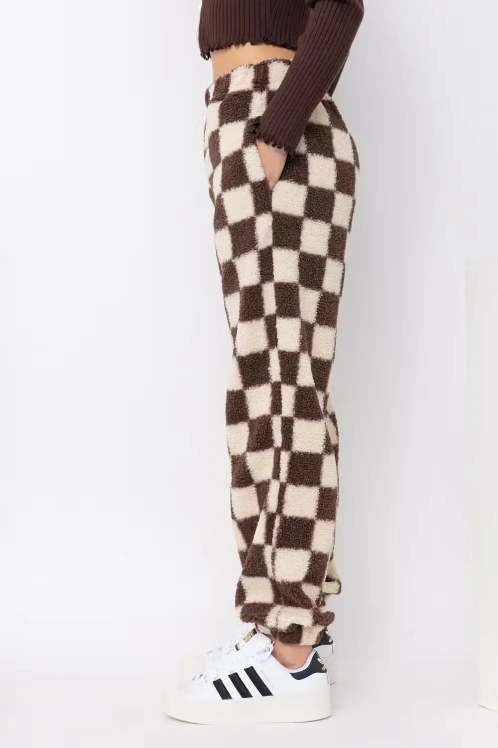 Checkered Print Teddy Joggers