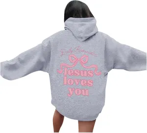 Christian Hoodies for Women Bible Verse Jesus Loves You Graphic Hoodie Long Sleeve Oversized Sweatshirt with Pockets