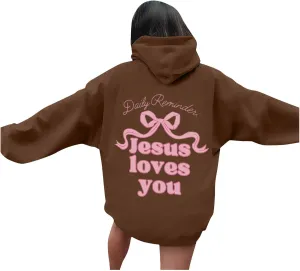 Christian Hoodies for Women Bible Verse Jesus Loves You Graphic Hoodie Long Sleeve Oversized Sweatshirt with Pockets
