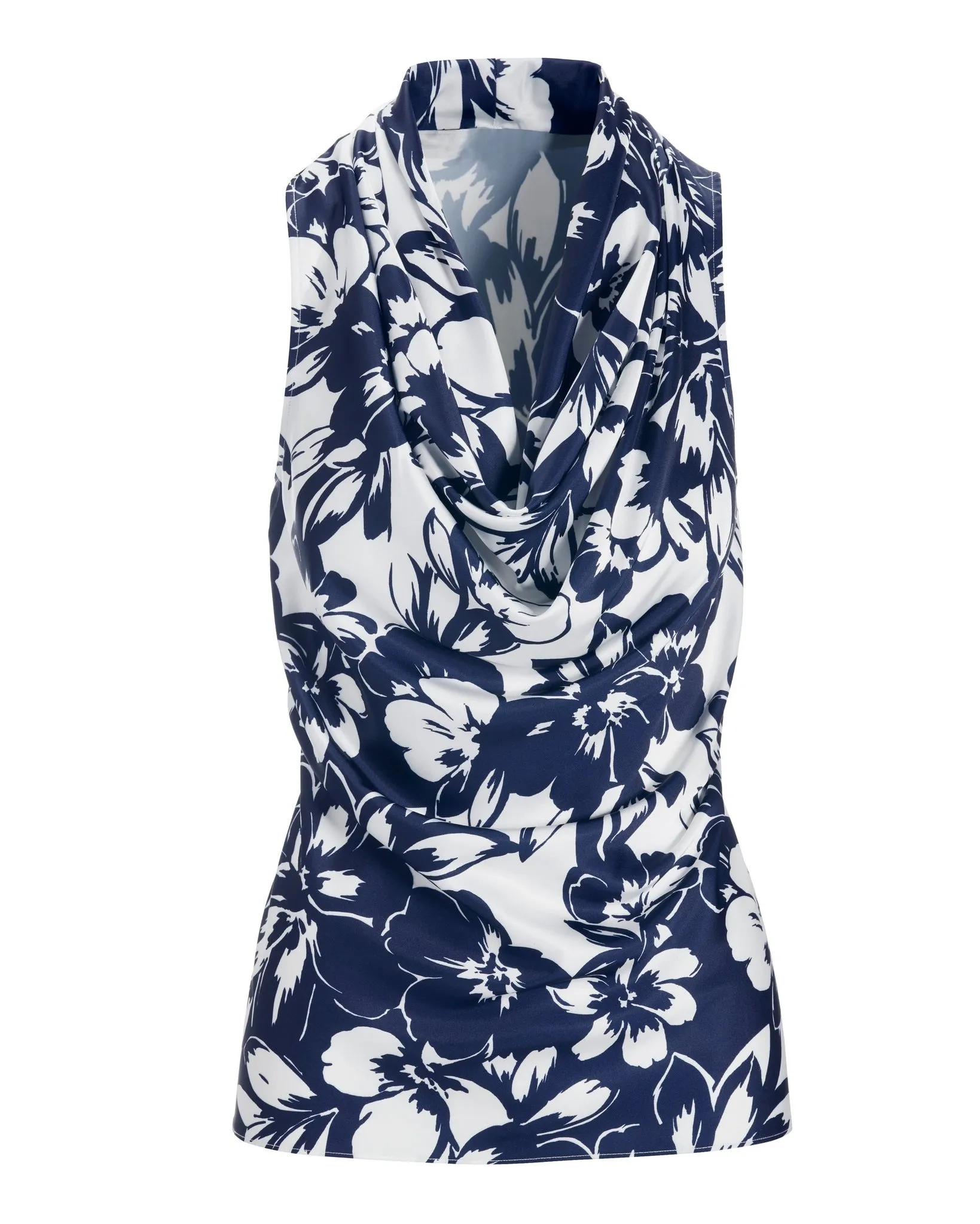 Exploded Florals Print Marilyn Cowl-Neck Charmeuse Blouse Navy/White
