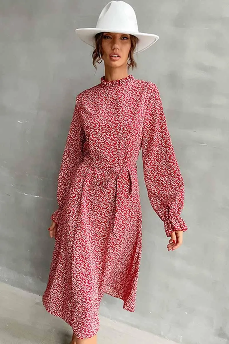 FLORAL HIGH NECK FRILL RIBBED LONGSLEEVE DRESS